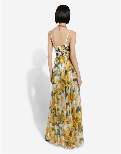 dolce gabbana rose print dress summer chiffon|Long silk chiffon dress with yellow rose print .